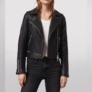 All Saints Conroy Quilted Leather Biker Jacket in Ink Black sz 10